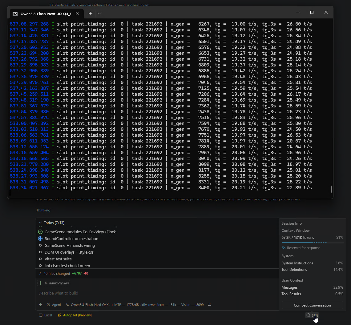 VS Code mit lokalem Modell: llama.cpp-Konsole und Agent bei der Arbeit